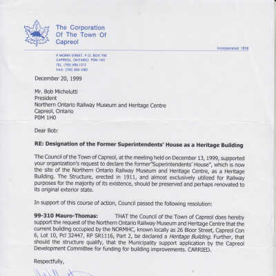Corporation of Town of Capreol Letter to Bob Michelutti, RE: Designation of the Former Superintendents House as a Heritage Building