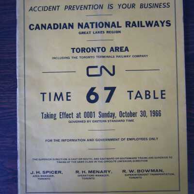 CN Great Lakes Region Toronto Area Time Table 67, Taking Effect at 0001 Sunday, October 30, 1966