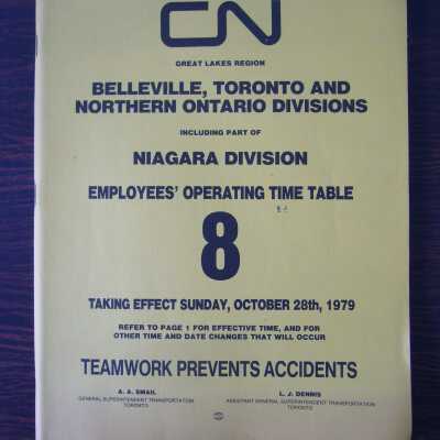 CN Great Lakes Region, Belleville, Toronto and Northern Ontario Divisions including part of Niagara Division, Employees' Operating Time Table No. 8, Taking Effect Sunday, October 28th, 1979