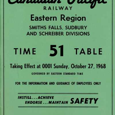 Timetable, Canadian Pacific, Eastern Region Smiths Falls, Sudbury, and Schreiber 51, October 27, 1968
