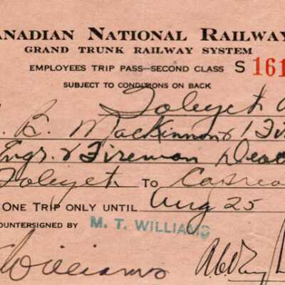 Canadian National Railways Employee Trip Pass, Foleyet to Capreol, J. B. McKinnon and one Fireman