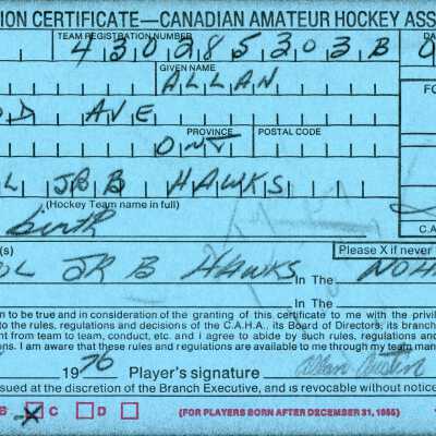 Hockey Player's Registration Certificate belonging to Allan Austin