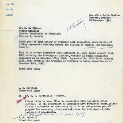 Canadian National Interdepartmental Correspondence sent to Mr. R. A. Brankley, an Engineman in Capreol, ON from H. A. Rosseau, Assistant Superintendent, Capreol, ON