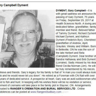 Obituary for Gary Campbell Dyment, September 29, 2017