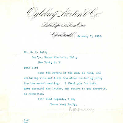 Letter, L.B. Miller to G.C. Lott, Moose Mountain Limited. January 7th, 1916