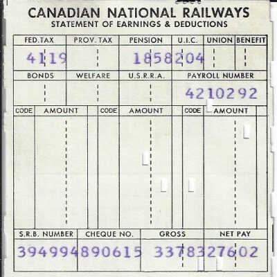 Canadian National Statement of Earnings and Deductions belonging to Frank Mazzuca