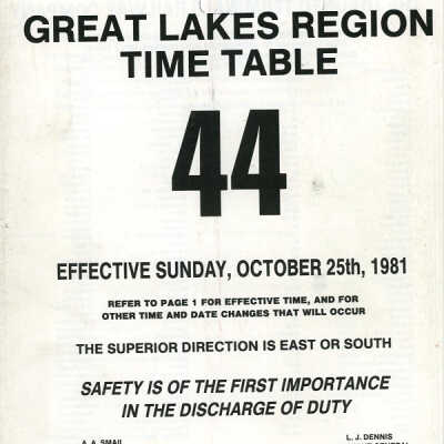 Employee Timetable, CN Rail, Great Lakes Region 44, October 25th 1981.