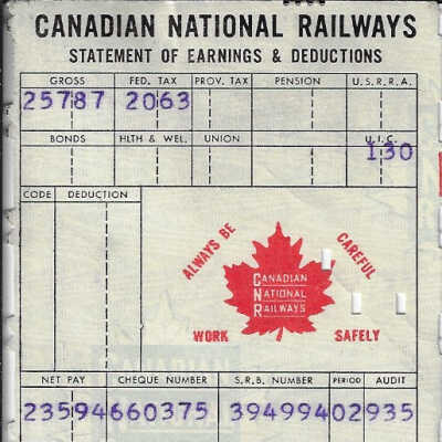Canadian National Statement of Earnings and Deductions belonging to Frank Mazzuca
