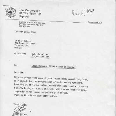 Town of Capreol Letter to DG Cornelius from Edgar Berube, RE Lease Document 59991