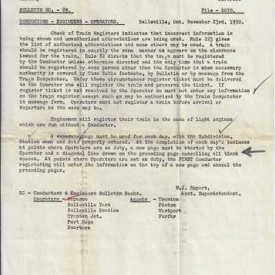 Canadian National Railways - Office of Asst. Superintendent, Belleville, Ontario Bulletin No. 89