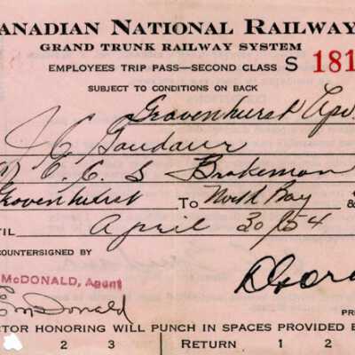 Canadian National: Employee Trip Pass, Gravenhurst ON to North Bay ON, J. C. Gaudaur, 1954