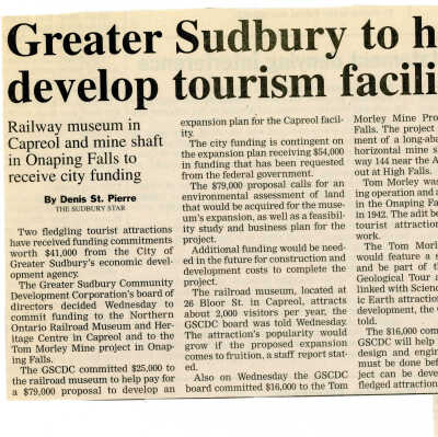 "Greater Sudbury to help develop tourism facilities" in The Sudbury Star, January 10 2002