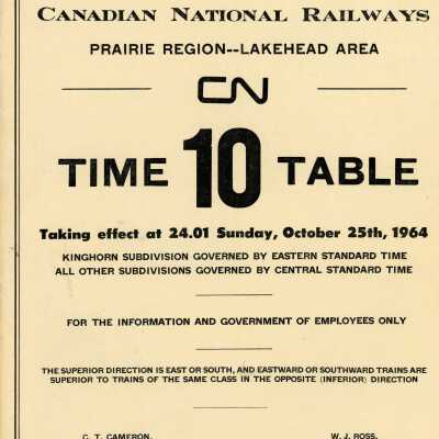 Timetable, CN Prairie Region - Lakehead Area 10, October 25th 1964