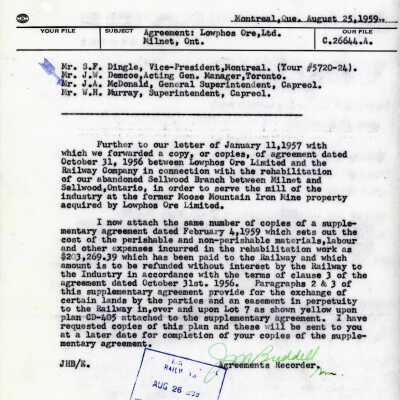 Document, CN Interdepartmental Correspondence, Agreement, Lowphos Ore Limited, Milnet Ontario.