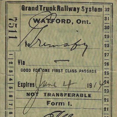Grand Trunk: First Class Passenger Ticket, Watford ON to Grimsby ON, 1914