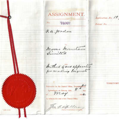 Patent Transfer, Assignment No. 74007; Fred A. Jordan to Moose Mountain Limited for Method of an apparatus for making briquets. Patent Office, Department of Agriculture, Ottawa, May 18th 1914
