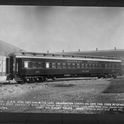 Photograph, Canadian Pacific Railway steel cafe-parlor car 6550, Observation chairs on one end, cafe at other, 1925.