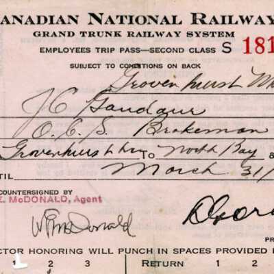 Canadian National: Employee Trip Pass, Gravenhurst ON to North Bay ON, J. C. Gaudaur, 1954