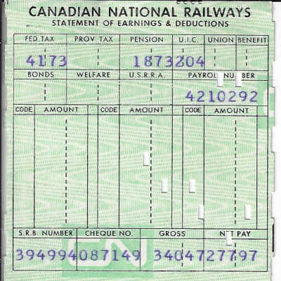 Canadian National Statement of Earnings and Deductions belonging to Frank Mazzuca