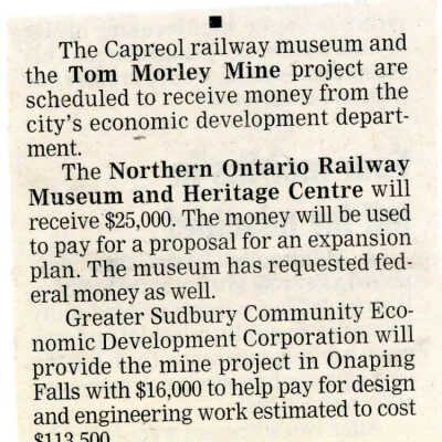 NORMHC and Tom Morley Mine Funding" in Northern Life, January 11, 2002