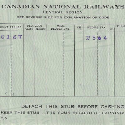 Canadian National Statement of Earnings and Deductions belonging to Frank Mazzuca