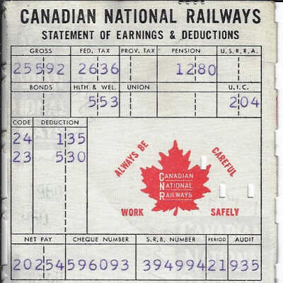 Canadian National Statement of Earnings and Deductions belonging to Frank Mazzuca