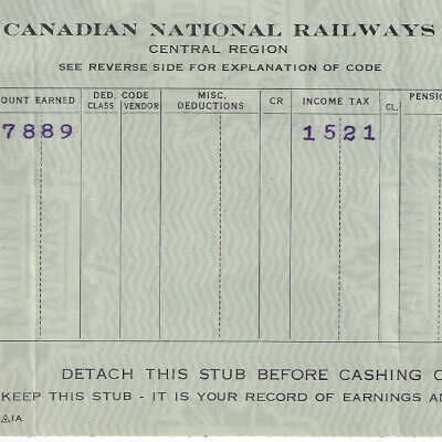 Canadian National Statement of Earnings and Deductions belonging to Frank Mazzuca