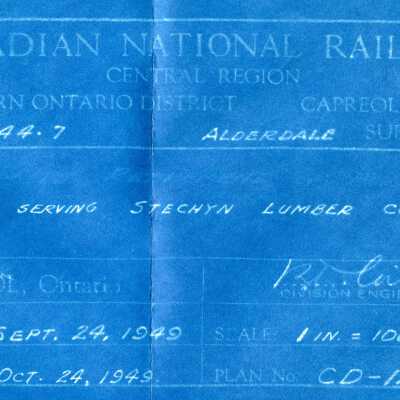 Document, Plan, Canadian National Railways, Central Region, Northern Ontario District, Capreol Division, Alderdale Subdivision, "Spur serving Stechyn Lumber Co.", September 24th 1949.