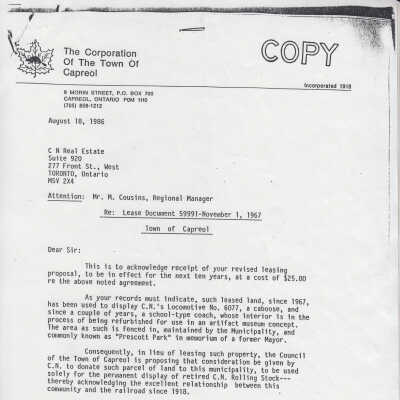 Town of Capreol Letter to M. Cousins, Regional Manager from E Berube, RE: Lease Document 59991-November 1, 1967
