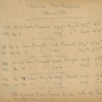 Canadian Pacific: Set of Notes Regarding Passenger Runs from Pot Pouri and Parry Sound via Canadian National Including a Map and Schedule Comparisons (14 total items)