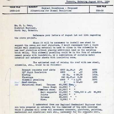 Document, CN Interdepartmental Correspondence, Capreol Roundhouse, Proposed Alterations for Diesel Facilities.