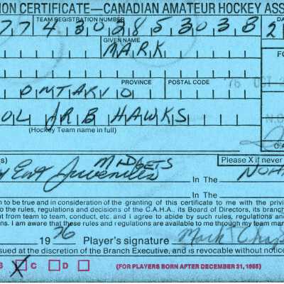 Hockey Player's Registration Certificate belonging to Mark Chaput