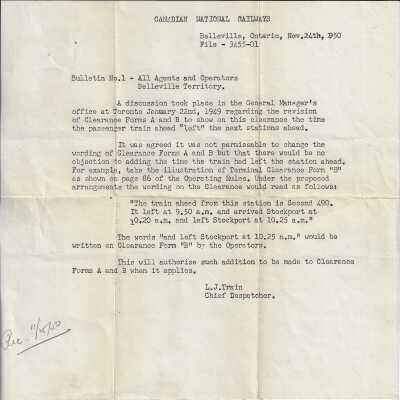 Canadian National Railways - All Agents and Operators Belleville Territory Bulletin No. 1