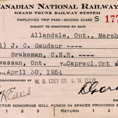 Canadian National: Employee Trip Pass, Powassan ON to Capreol ON, J. C. Gaudaur, 1954