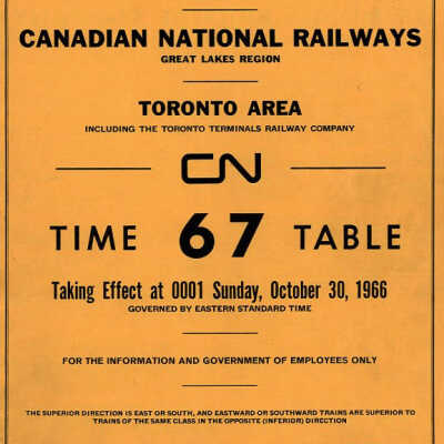 Employee Timetable, CN Rail, Toronto Area 67, October 30th 1966.