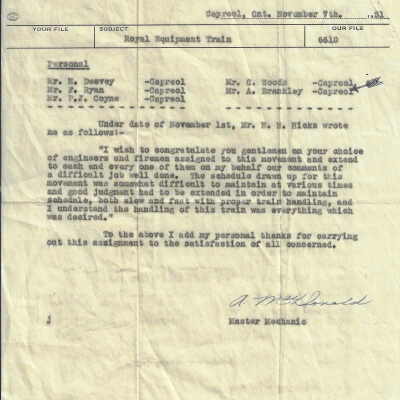 Canadian National Interdepartmental Correspondence sent to H. Deevey, F. Ryan, P. J. Coyne, C. Woods, and A. Brankley in Capreol ON from A. MacDonald, Master Mechanic in Capreol ON