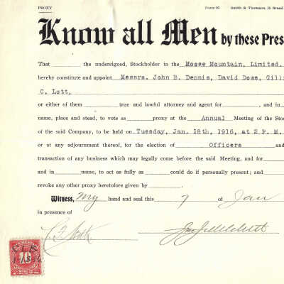 Proxy Form, for Annual Meeting of the Stockholders, Moose Mountain Limited, 1916. Shareholder ?. Form 99 Smith & Thomson, 58 Broad Street N.Y.