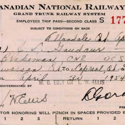 Canadian National: Employee Trip Pass, Powassan ON to Capreol ON, J. C. Gaudaur, 1954