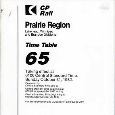 CP Prairie Region Timetable 65 for Sunday, October 31, 1982 CST