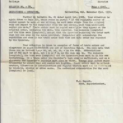 Canadian National Railways - Office of Asst. Superintendent, Belleville, Ontario Bulletin No. 87