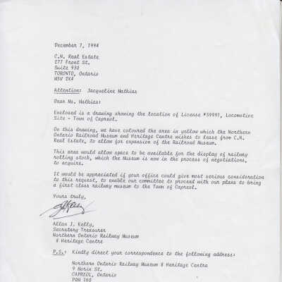 Letter from Allan J. Kelly NORMHC to Jacqueline Mathias, RE: Drawing of License 59991 (CN land lease)