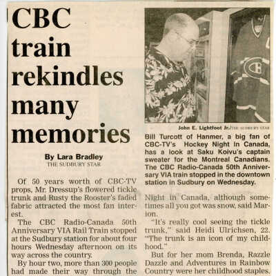 "CBC train rekindles many memories" by Lara Bradley in The Sudbury Star, 19 September 2002
