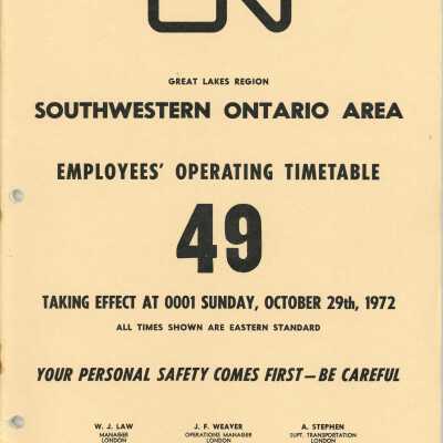 CN Employee Operating Time Table 49 for Great Lakes Region, Southwestern Ontario Division, Effective Sunday, October 29th, 1972