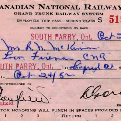 Canadian National Railways Employee Trip Pass, South Parry to Capreol, R. N. McKinnon,1952