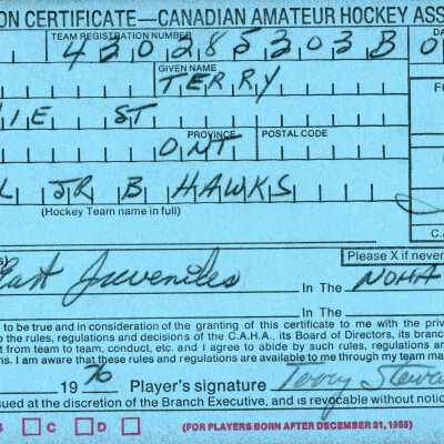 Hockey Player's Registration Certificate belonging to Terry Stewart