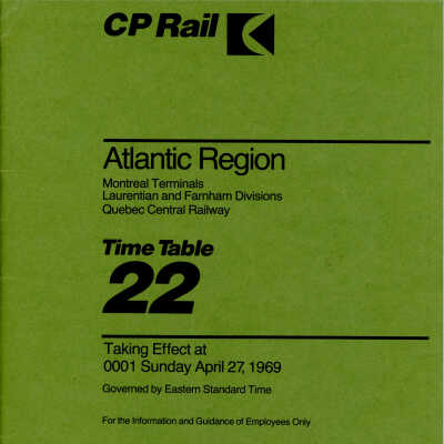 CP Rail Atlantic Region Timetable 22 for April 27, 1969, effective 0001 EST