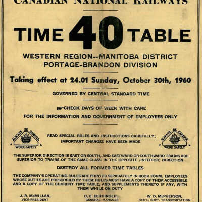 Employee Timetable, CN Rail, Manitoba District 40, October 30th 1960.