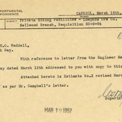 Document, CN Interdepartmental Correspondence, Private Siding Facilities, Lowphos Ore Co, Sellwood Branch, Requisition NC-9-94.