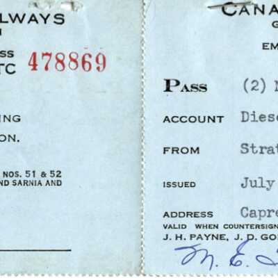 Canadian National: Employee Trip Pass, Stratford to Capreol, T. G. Clark and Wife, 1961