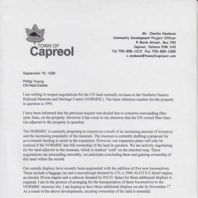 Letter from Town of Capreol Charles Nyabeze to CN Real Estate Phillip Young, RE: Reopen negoitions for CN land of NORMHC for Expansion